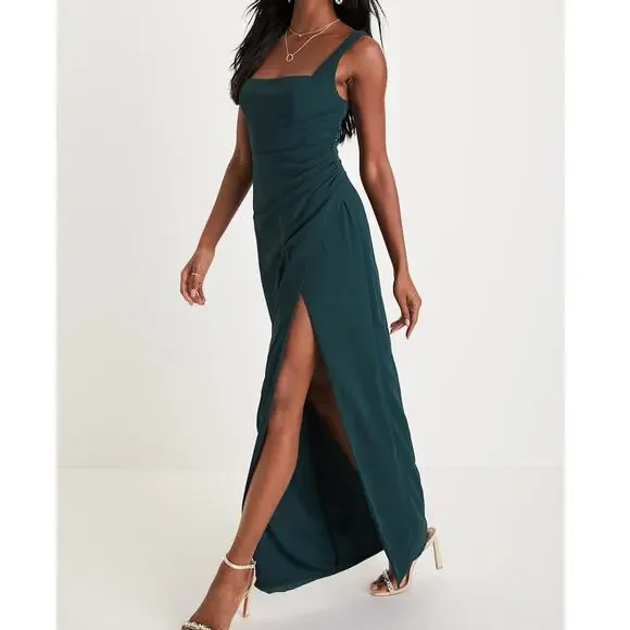 Lulus NWT Glamorous Disposition Emerald Green Square Neckline Ruched Maxi Dress Lulus NWT Glamorous Disposition Emerald Green Square Neckline Ruched Maxi Dress